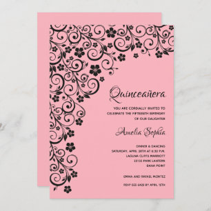 Elegant Quinceañera Black and Pink Invitations