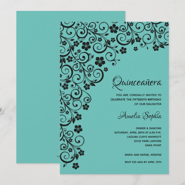 Elegant Quinceañera Black and Turquoise Invitation (Front/Back)