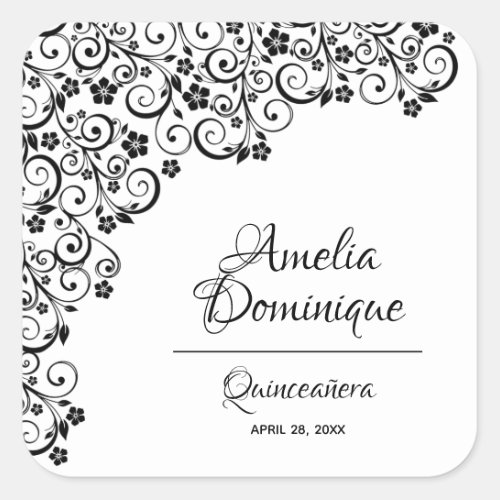 Elegant Quinceaera Black and White Square Sticker