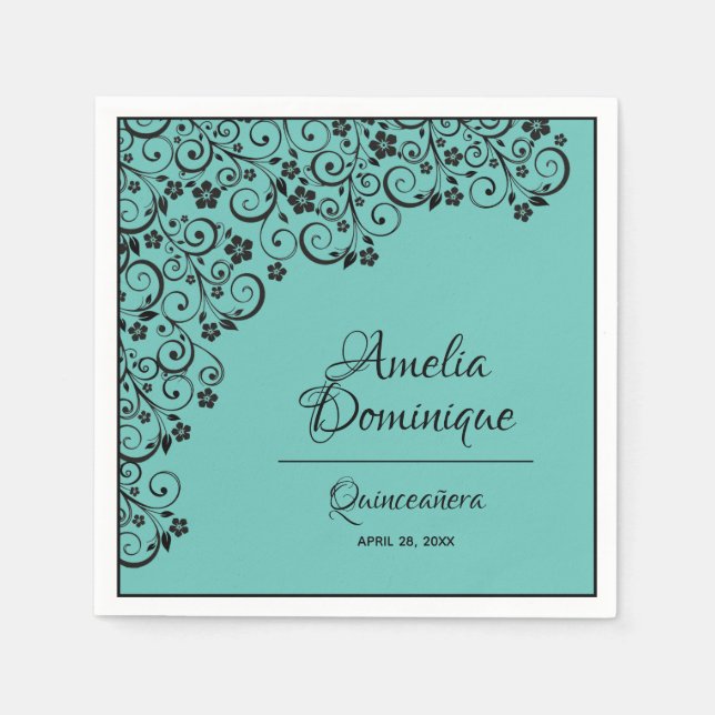 Elegant Quinceañera Black Lace on Turquoise Napkins (Front)