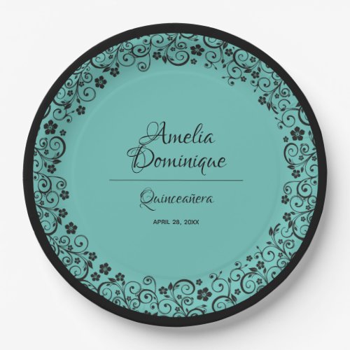 Elegant Quinceaera Black Lace on Turquoise Paper Plates