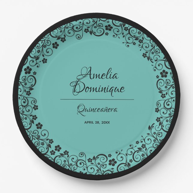 Elegant Quinceañera Black Lace on Turquoise Paper Plates (Front)