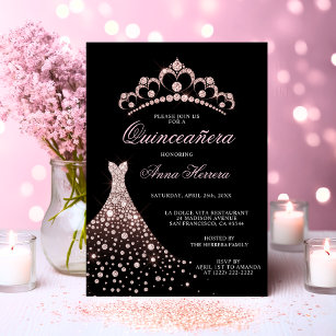 Elegant Quinceañera Black Pink Tiara Gown Dress Invitation