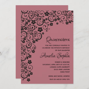 Elegant Quinceañera Black & Rose Gold Swirls