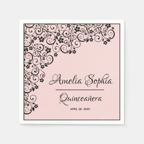 Elegant Quinceaera Black Swirls on Blush Pink Napkins