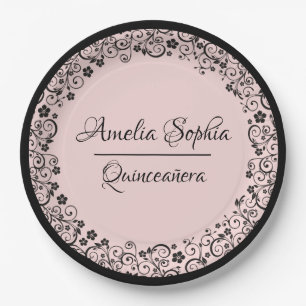 Elegant Quinceañera Black Swirls on Blush PInk Paper Plates