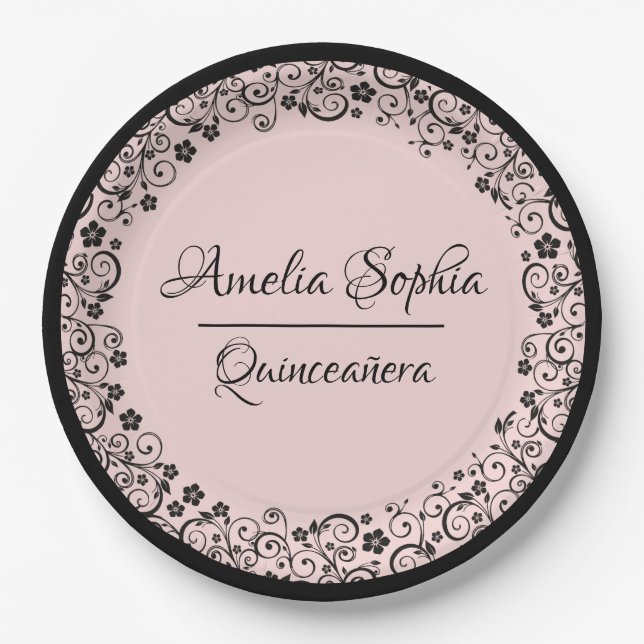 Elegant Quinceañera Black Swirls on Blush PInk Paper Plates (Front)