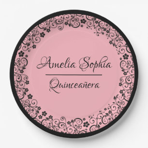 Elegant Quinceañera Black Swirls on PInk Paper Plates