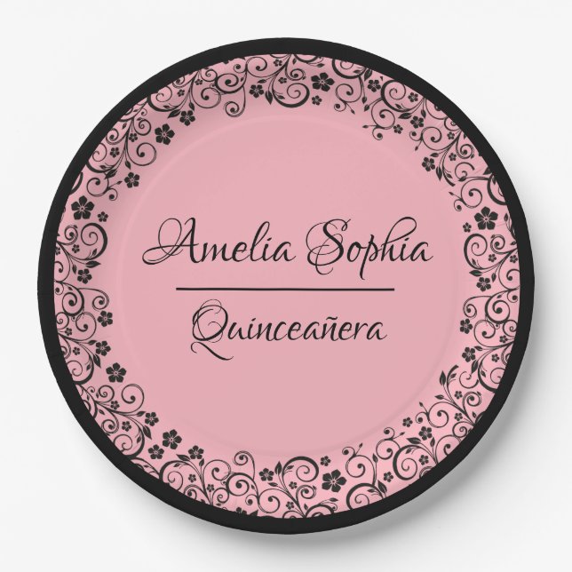Elegant Quinceañera Black Swirls on PInk Paper Plates (Front)