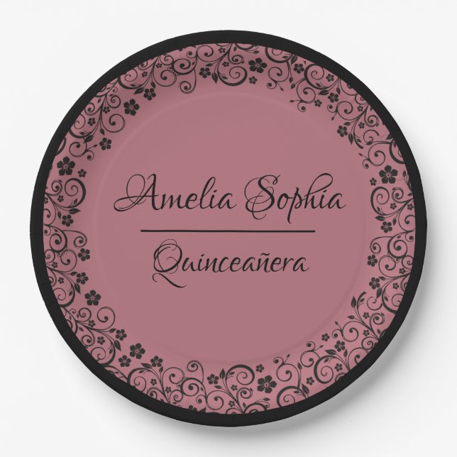 Elegant Quinceañera Black Swirls on Rose Gold Paper Plates (Front)
