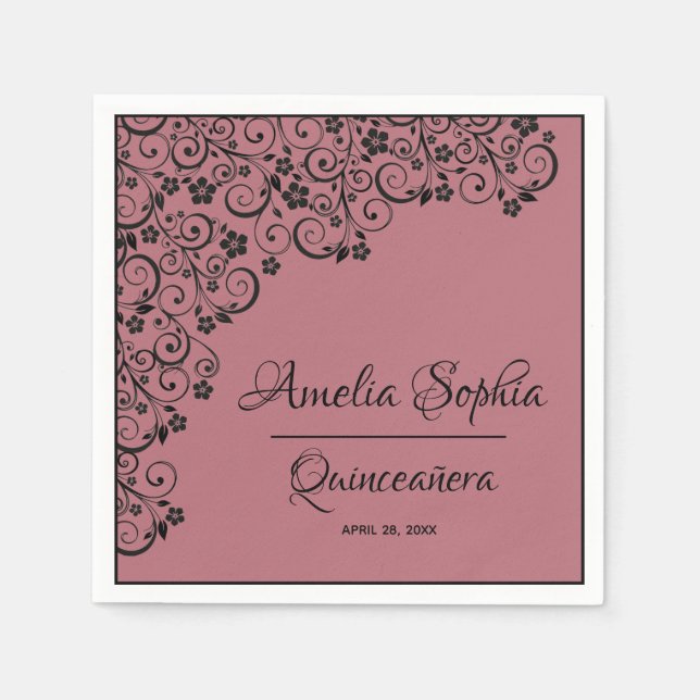 Elegant Quinceañera Black Swirls on Rose Gold Pink Napkins (Front)