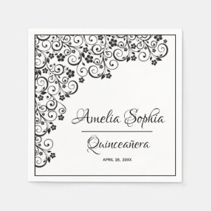 Elegant Quinceañera Black Swirls on White Napkins
