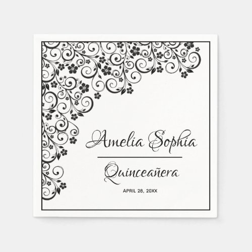 Elegant Quinceaera Black Swirls on White Napkins