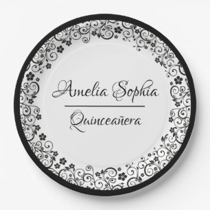 Elegant Quinceañera Black Swirls on White Paper Plates