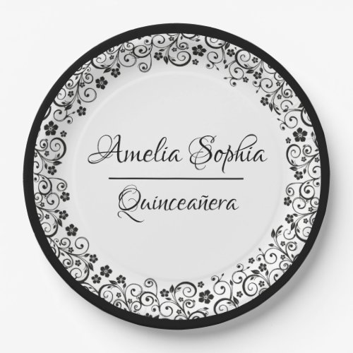 Elegant Quinceaera Black Swirls on White Paper Plates