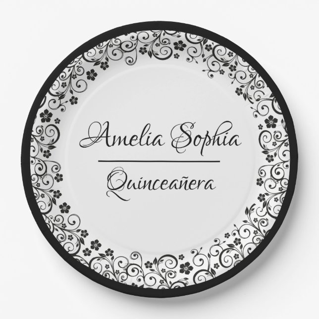 Elegant Quinceañera Black Swirls on White Paper Plates (Front)