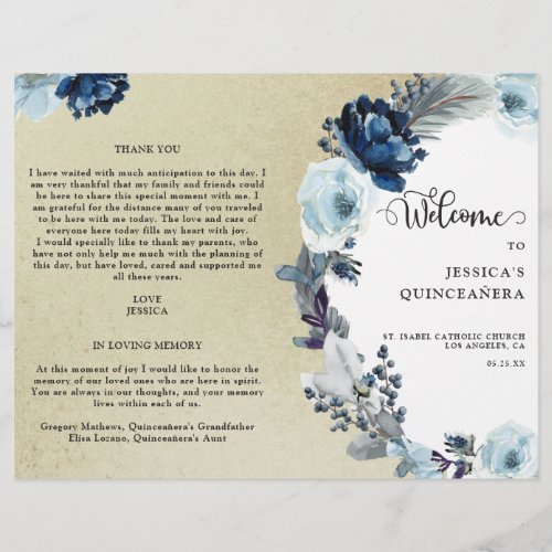 Elegant Quinceaera Blue and Gold Floral Program