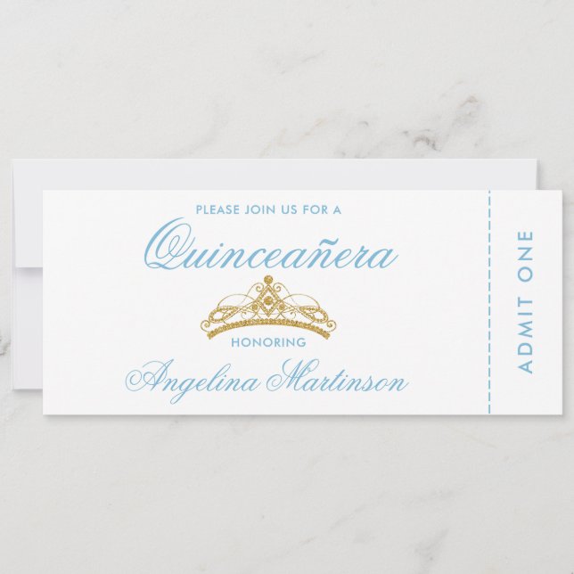 Elegant Quinceanera Blue and Gold Ticket Invitation (Front)