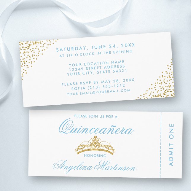 Elegant Quinceanera Blue and Gold Ticket Invitation (Customize to change text style, color or text size.)