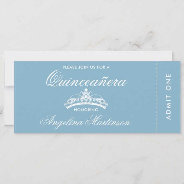 Elegant Quinceanera Blue and White Ticket Invitation (Front)