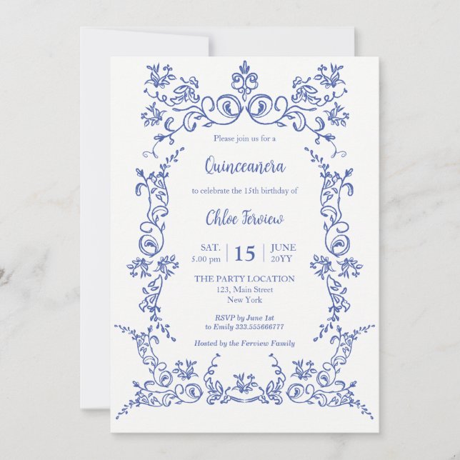Elegant Quinceañera Blue Floral invitation (Front)