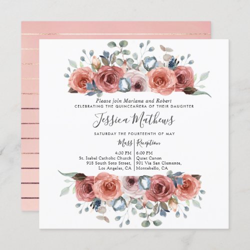 Elegant Quinceanera  Blush and Dusty Blue Floral Invitation