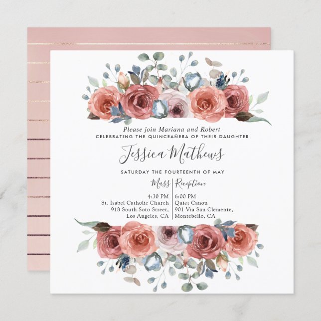 Elegant Quinceanera,  Blush and Dusty Blue Floral Invitation (Front/Back)