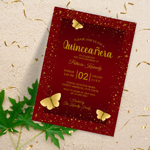 Elegant Quinceanera Burgundy And Gold Butterflies  Acrylic Invitations