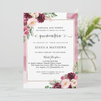 Elegant Quinceañera Burgundy Blush Pink Floral Invitation | Zazzle