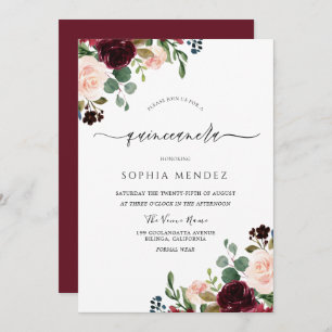 Elegant Quinceanera: Burgundy Red Wine Flowers Invitation