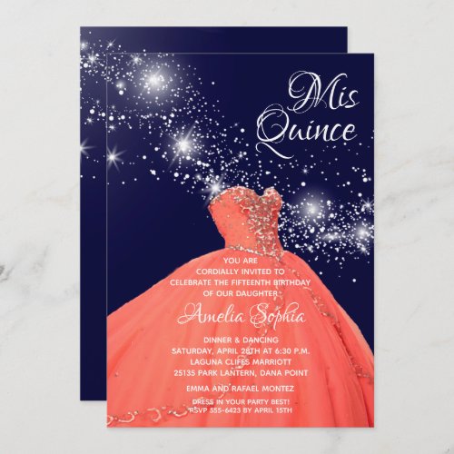 Elegant Quinceaera Coral Gown Stars Invitations