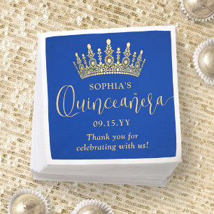 Elegant Quinceañera Crown Chic Royal Blue and Gold Napkins