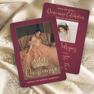 Elegant Quinceañera Crown Modern 2 Photo Burgundy Invitation