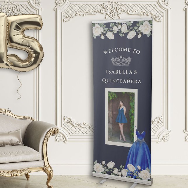 Elegant Quinceanera Dark Blue Princess Photo Retractable Banner (Quinceanera Banner from the Princess Dress and Roses Quinceanera collection by Darling & May)