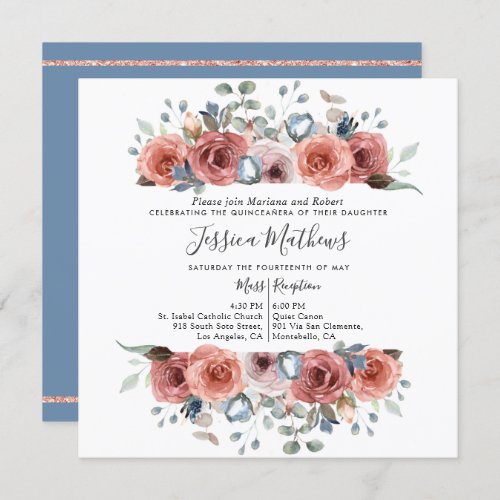 Elegant Quinceanera Dusty Blue and Blush Floral Invitation