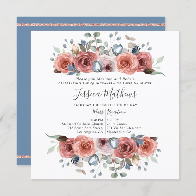 Elegant Quinceanera, Dusty Blue and Blush Floral Invitation (Front/Back)