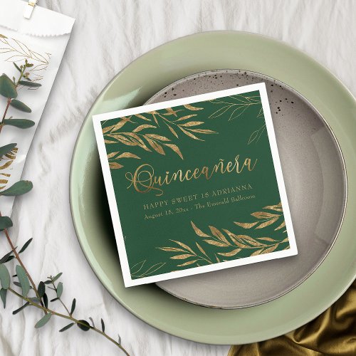 Elegant Quinceanera Emerald Green and Gold Leaf Napkins