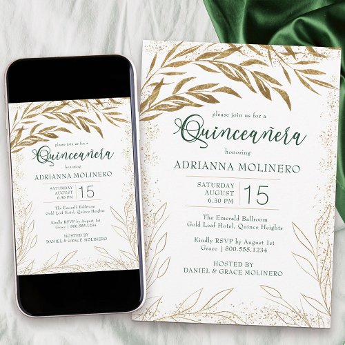 Elegant Quinceanera Emerald Green and Gold Leaves  Invitation