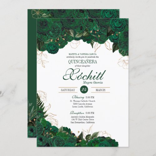 Elegant Quinceanera Emerald Green Gold Rose Floral Invitation