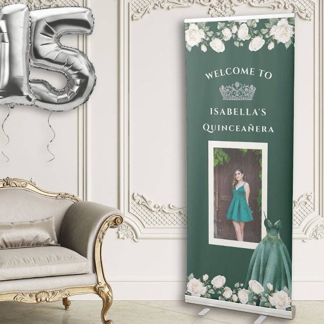 Elegant Quinceanera Emerald Green Princess Photo Retractable Banner (Photo Banner from the Princess Dress and Roses Quinceanera Collection by Darling & May)