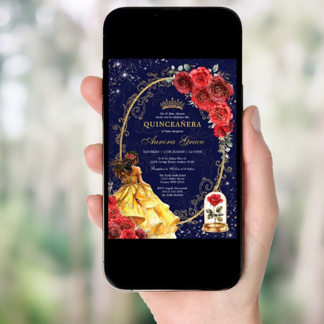Elegant Quinceañera Enchanted Red Roses Floral Invitation (Front Digital)