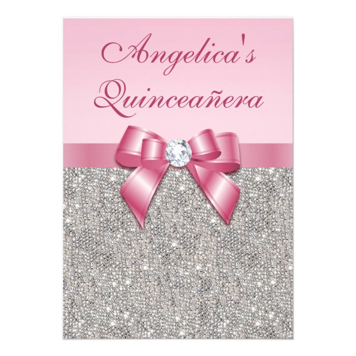 Elegant Quinceañera Faux Silver Sequins Pink Bow Personalized Announcement