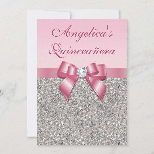 Elegant Quinceañera Faux Silver Sequins Pink Bow Invitation (Front)