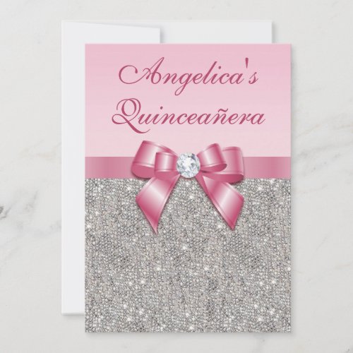 Elegant Quinceaera Faux Silver Sequins Pink Bow Invitation