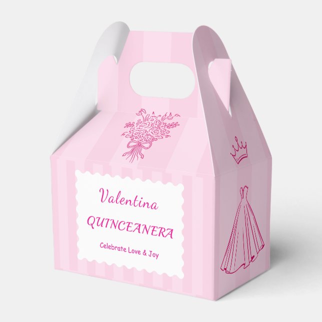 Elegant Quinceañera Floral Bouquet | Pink & White  Favor Boxes (Front Side)