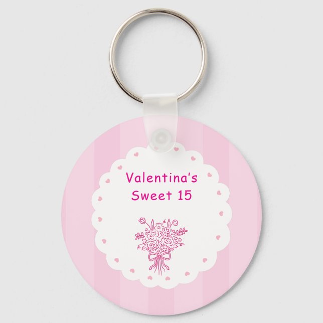 Elegant Quinceañera Floral Bouquet | Pink & White  Keychain (Front)