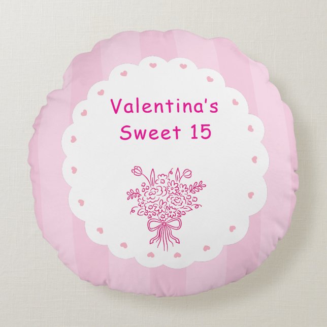 Elegant Quinceañera Floral Bouquet | Pink & White  Round Pillow (Front)