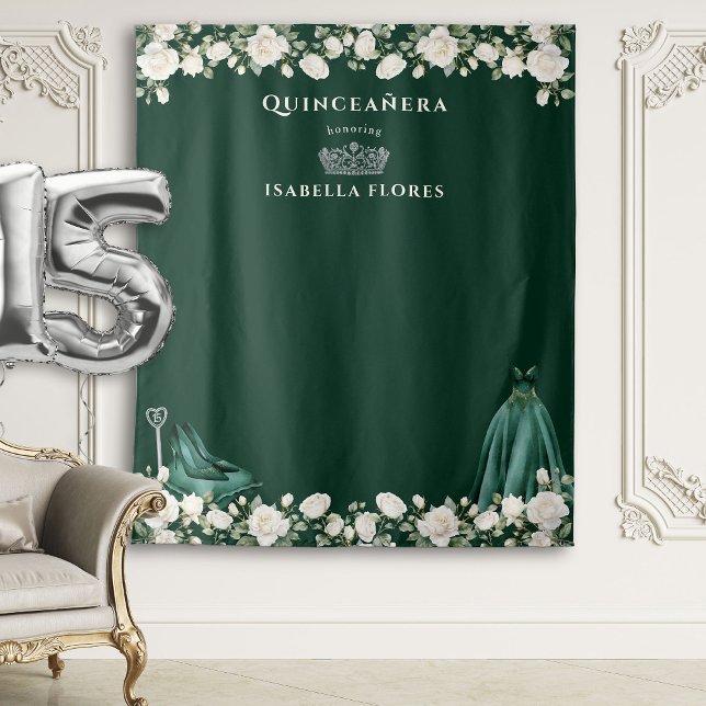 Elegant Quinceanera Floral Princess Green Backdrop (Green Backdrop from the Princess Dress and Roses Quinceanera Collection by Darling & May)