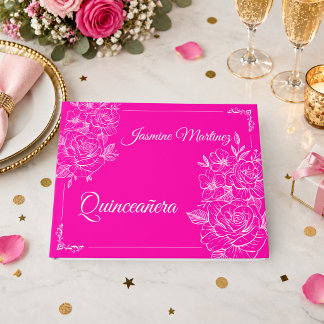 Elegant Quinceañera Fuchsia Pink and White Floral  Guest Book