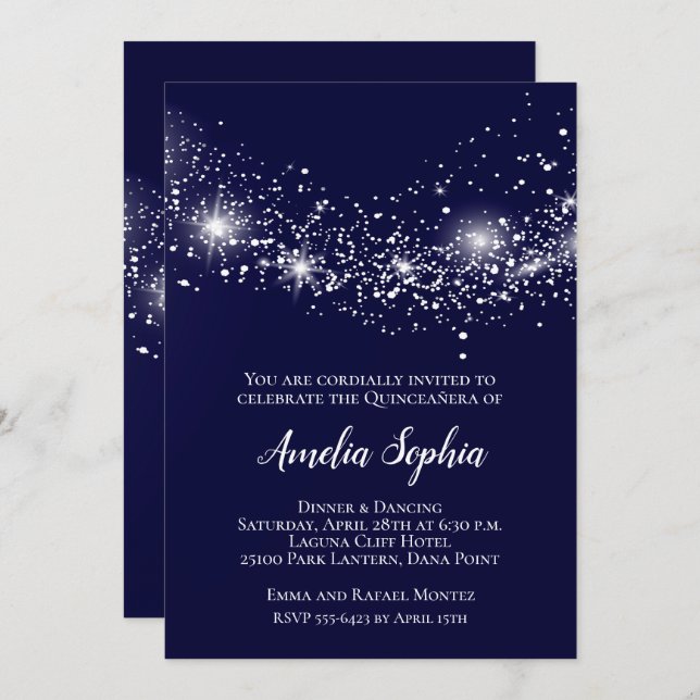 Elegant Quinceañera Glitter Navy Blue Invites (Front/Back)